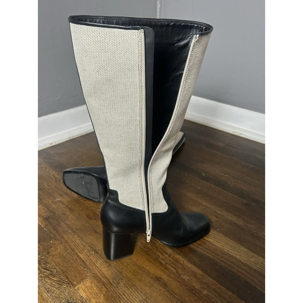 Reformation Frederique Knee High Boots in black and oatmeal canvas Size 8.5